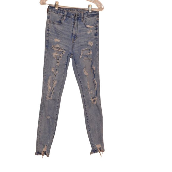 AMERICAN EAGLE NE(X)T LEVEL STRETCH Blue Cotton-Poly Ripped Hi-Rise Jeggins 8 - Picture 1 of 8